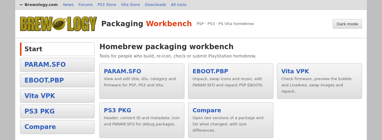 The Packaging Workbench: its start page with the five tools